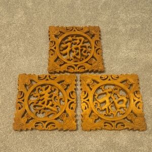 3 Piece Hand Carved Wood Chinese Wall Decor